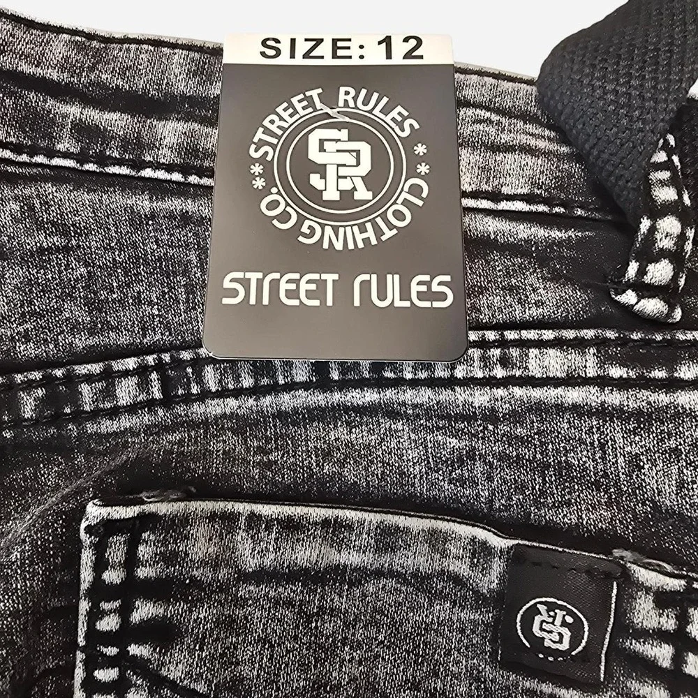 Street Rules Ripped Black denim jeans American flag kids- 12
